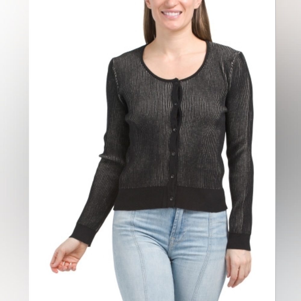 NWT - Rain + Rose Black & Beige Ribbed Crew Neck Cardigan - Size XL